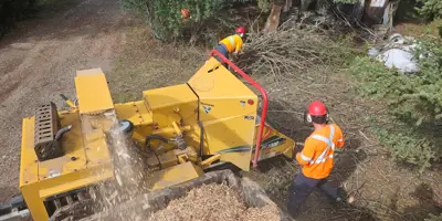 Two FireSmart contractors cleaning up a property 