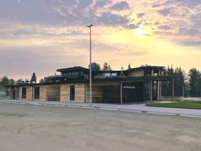 Exterior view of the library in the evening